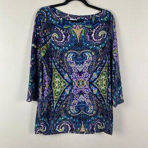 Chicos Abstract Floral Paisley Tunic Top Size 2 US L Stretch 3/4 Sleeves